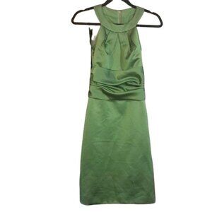 David's Bridal Green Satin Halter Cocktail Dress Pleated Neckline Ruched Waist